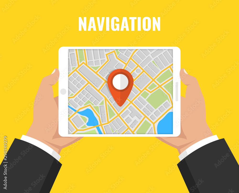 Aufkleber man holding a tablet with mobile gps navigation. concept for finding the right place. vector illustr