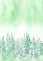Watercolor art illustration. Drawing of the blue forest, pine tree, spruce, cedar. Dark, dense forest, suburban landscape. Postcard, logo, card,cover. Misty forest, haze.
