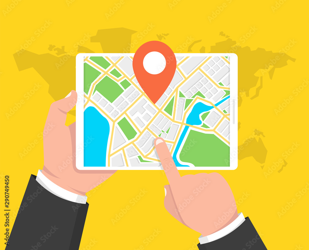 Poster man holding a tablet with mobile gps navigation. concept for finding the right place. vector illustr