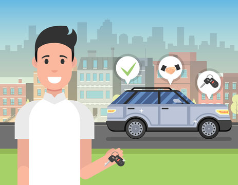 Man holding key from new car. Three icons: check mark, handshake, car keys. Vector Illustration.