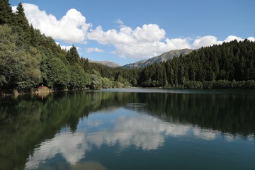 Naklejka na ściany i meble Mountain forest lake reflection landscape. Savsat/ Artvin 