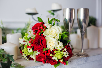 bouquet of white and red roses