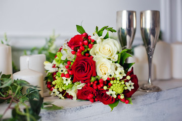 bouquet of white and red roses