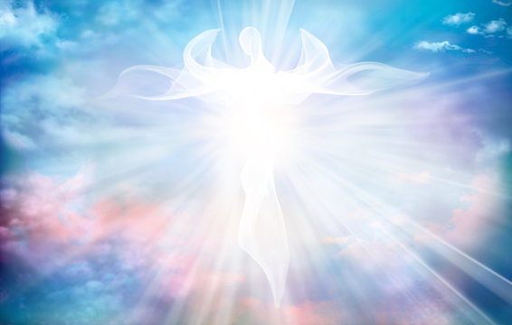 Archangel. Heavenly angelic spirit with wings. Illustration abstract white angel. Belief. Afterlife. Spiritual Angel. Blessing. Sky clouds with bright light rays