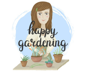 Happy gardening. Girl with potted plants