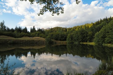 Obraz premium Mountain forest lake reflection landscape. Savsat/ Artvin 