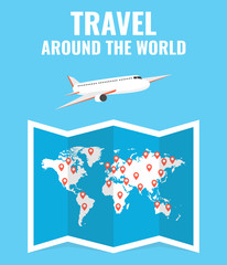 Airplane flying above the world map. Around the world travelling concept. Flat cartoon style. Vector illustration.