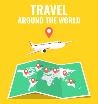 Airplane flying above the world map. Around the world travelling concept. Flat cartoon style. Vector illustration.