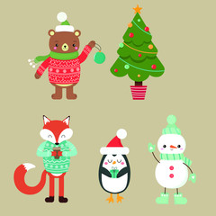 Vector graphics. Bright, cute illustration of a Christmas tree, snowman, penguin, fox, bear. Christmas cartoon set. Cute Christmas characters. 