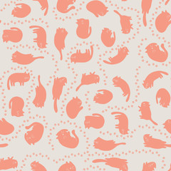 Seamless pattern with cats in different poses and cat's track in a naive style. Vector illustration