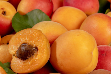 Gros plan d'abricots en vrac avec un abricot coupé