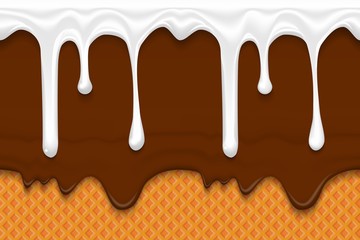 Ice Cream cone background. Horizontal repeating Wafer Texture with Melted Dripping White and brown Glaze. Sweet Seamless Pattern.