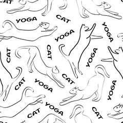 Vector Black and White Yoga Cats on White Background Seamless Repeat Pattern