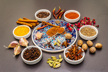 Obraz na płótnie Canvas Ingredients for preparation oriental spice Ras el Hanout
