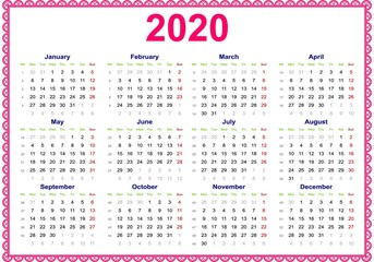 Calendar grid for the year 2020 with a lace frame. In English, the week starts on Monday, one red day Sunday.