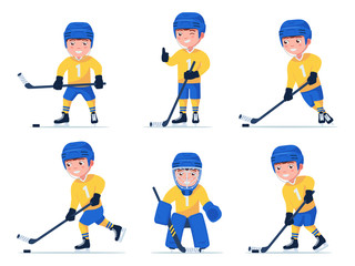 Set of boy hockey player playing with a stick