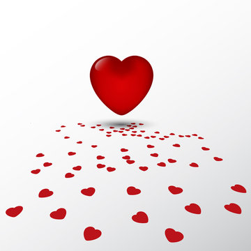 big glossy vector heart. 3d effect. small hearts on floor. Valentine card template.
