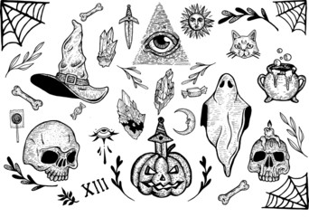Hand-drawn halloween themed vector illustration set