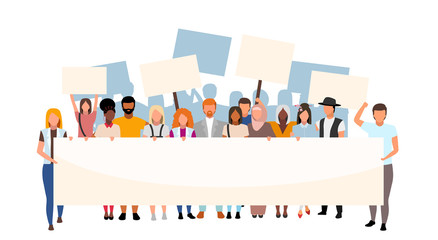 Racial inequality street protest flat illustration. Social movement, demonstration against racism. Multicultural activists holding blank placards cartoon characters. Human rights protection event