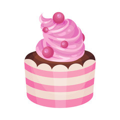 Chocolate cake in a pink striped package. Vector illustration on a white background.