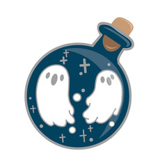 Magic potion: blue bottle jar set with ghost. Vector illustration isolated on white. Cute hand drawn round glass of potion. Happy Halloween.