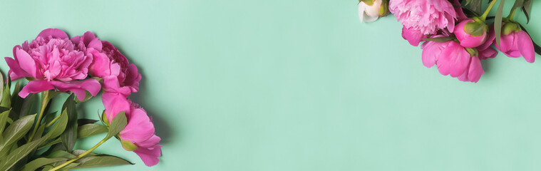 Banner with pink peonies on the mint color background,