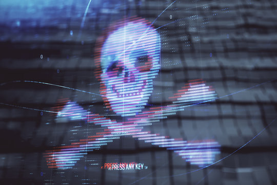 Cyber piracy concept drawing hologram with abstract background. Multi exposure.