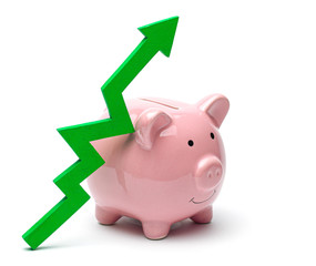 Pink piggy bank and green arrow graphic up isolated on a white background. Saved Money Growth Concept