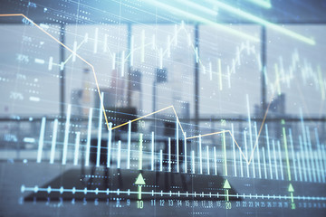 Business theme graph hologram with minimalistic cabinet interior background. Double exposure. Stock market concept.