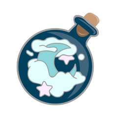 Magic potion: blue bottle jar set with moon, star, cloud. Vector illustration isolated on white. Cute hand drawn round glass of potion