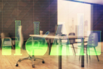 Flask hologram with minimalistic cabinet interior background. Double exposure. Study concept.