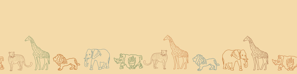 Cute hand drawn African animal safari seamless border pattern.