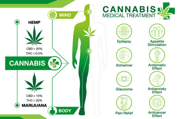 cannabis medical treatment used for your health active on your body and your mind infographic on white background.