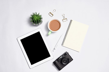 Stylish stationery with laptop on color background