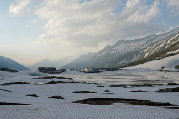 Ice and snow in June on the lake at the Grimselpass in the swiss alps