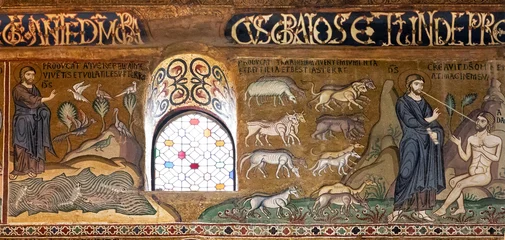 Papier Peint photo Lavable Palerme The creation in ancient mosaics of Palatine chapel, Palermo
