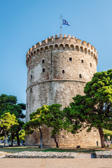 Vertical shot of the White Tower of Thessaloniki, Greece. An old medieval tower used in the past as...
