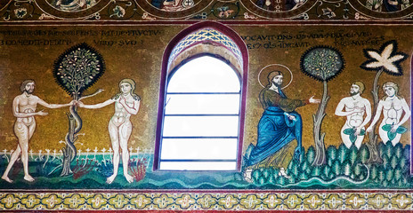 Adam and Eve in mosaics of Monreale cathedral, Siciliy - obrazy, fototapety, plakaty