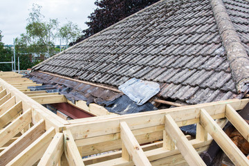 Renovation projects. Building of extension of the existing house, unfinished wooden roof structure, brick walls, view from scaffoliding, selective focus