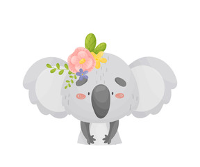 Koala with a flower on her head. Vector illustration on a white background.