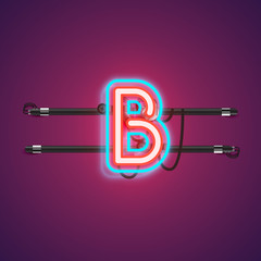 Realistic glowing double neon charcter from a fontset with console, vector illustration
