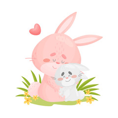 Mom hare with a hare in the meadow. Vector illustration on a white background.