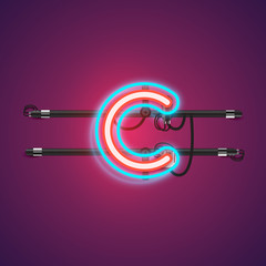 Realistic glowing double neon charcter from a fontset with console, vector illustration