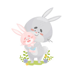 Dad the rabbit holds in his hands a little hare. Vector illustration on a white background.