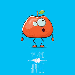 vector funny cartoon cute red apple character isolated on blue background. My name is apple vector concept. super funky fruit summer food character