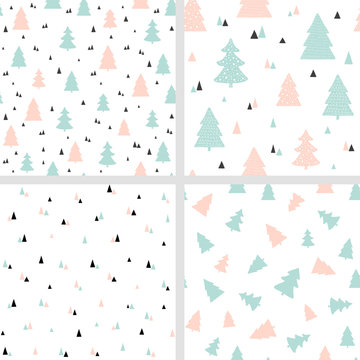 Scandinavian Christmas seamless patterns. Vector set of backgrounds with Christmas trees. For fabric print design