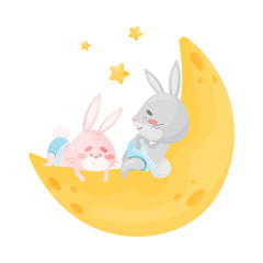 Little rabbits sleep on the moon. Vector illustration on a white background.