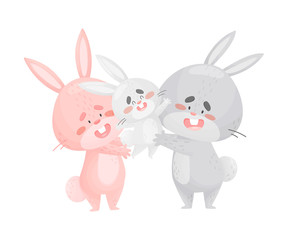 Parents hares hold in their hands a little hare. Vector illustration on a white background.