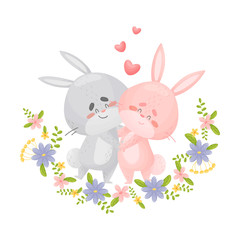 Lovers cartoon hares. Vector illustration on a white background.