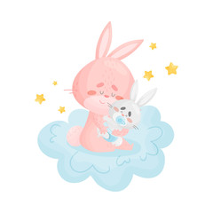 Pink cartoon rabbit with a baby sit on a cloud. Vector illustration on a white background.